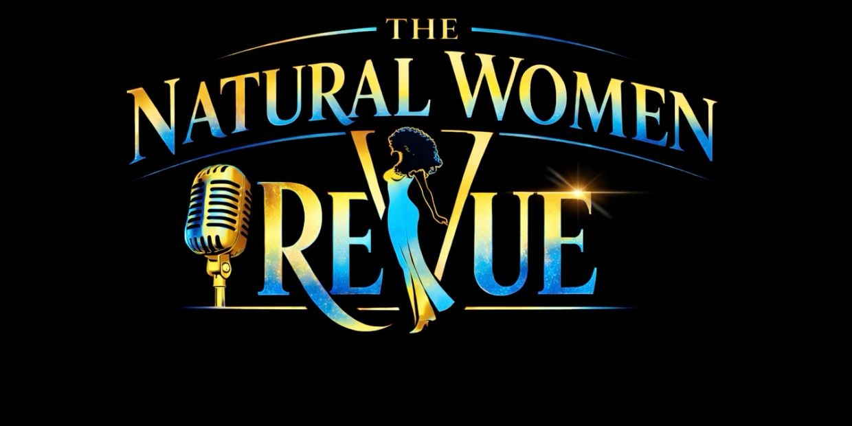 Logo of The Natural Women of Revue with microphone and guitar.