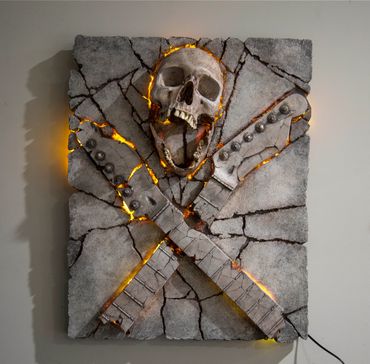 Heavy Rock fossil skull and guitar cross bones. LED lighting and custom irregular edge.