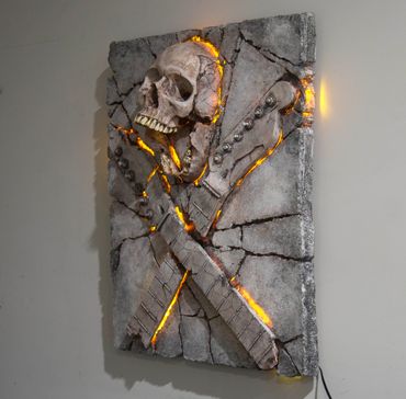 Heavy Rock fossil skull and guitar cross bones. LED lighting and custom irregular edge.