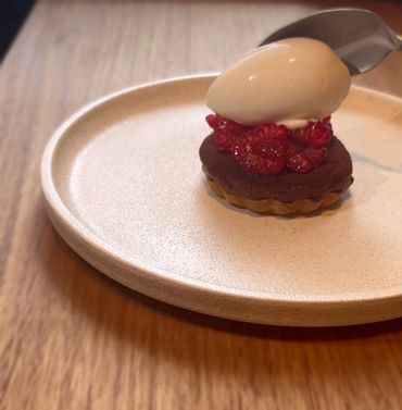La Cachette Geelong -Chocolate Sabayon Tart with Glazed Raspberries and Raspberry Vinegar Ice Cream 