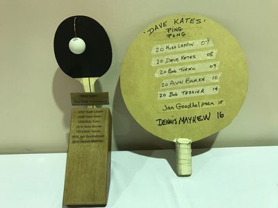 Dave Kates Ping Pong Tournament Trophies. The one on the left was donated by Jan Goodhelpsen.