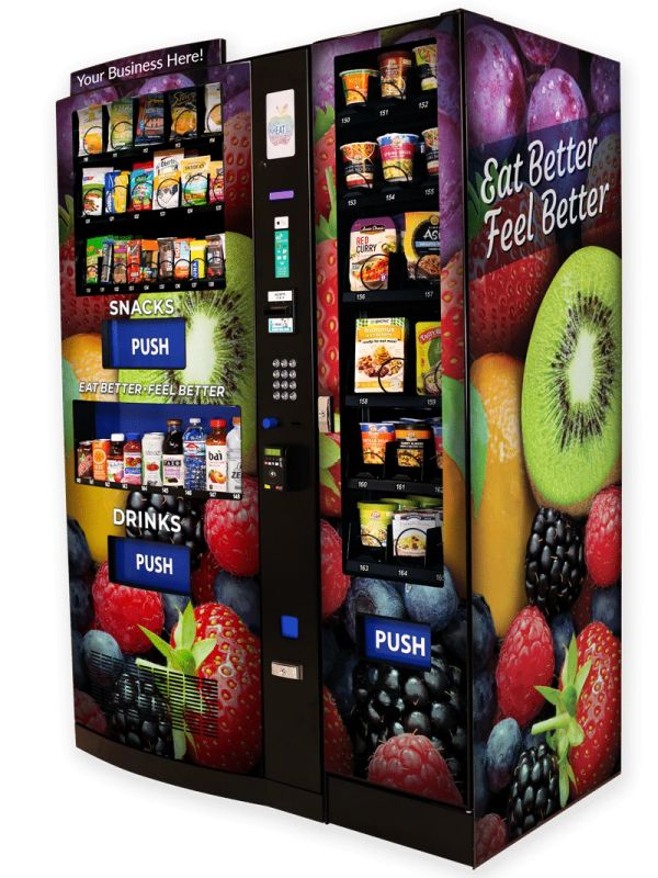 Vending machine with snacks and drinks featuring fruit-themed design.