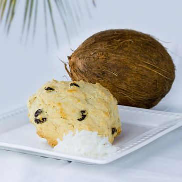 A coconut cookie with raisins on a white plate next to a whole coconut.