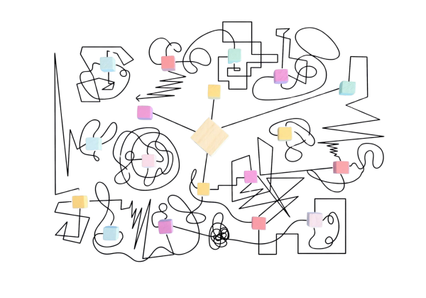 Abstract art with colorful cubes and black scribbles.