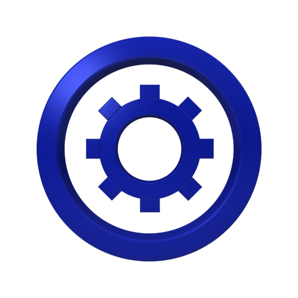 Blue 3D gear icon inside a circular ring.