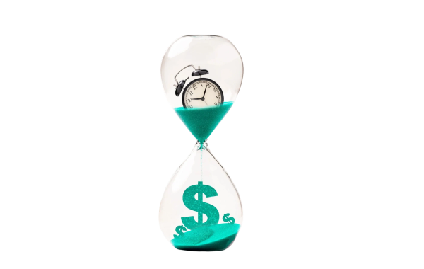 Hourglass with clock and dollar sign.