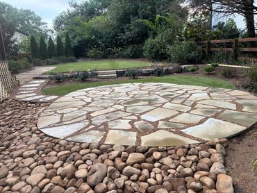Flagstone patio, artificial turf, river rock, and more.