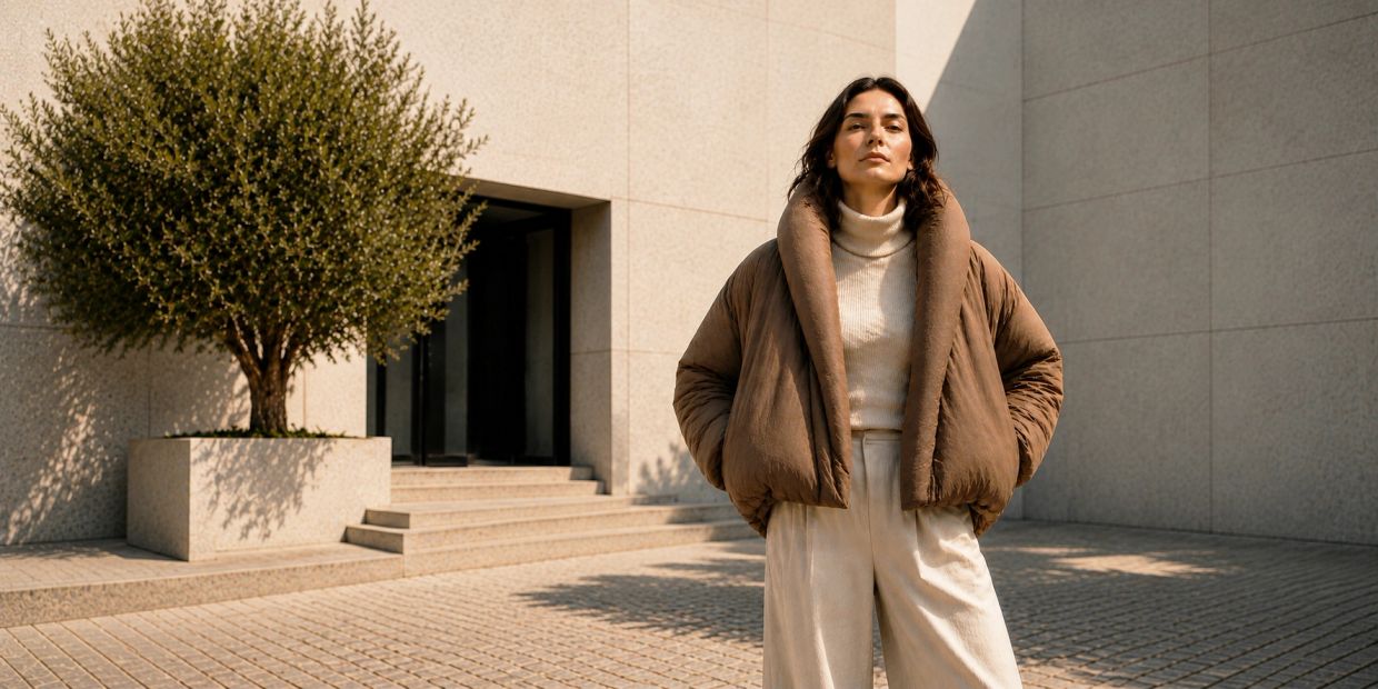 Woman in brown puffer jacket and beige pants stands confidently outdoors near modern building.