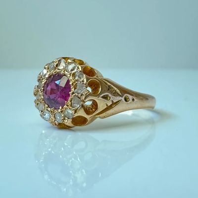 Victorian handmade high quality antique 18ct gold ruby and diamond cluster ring
