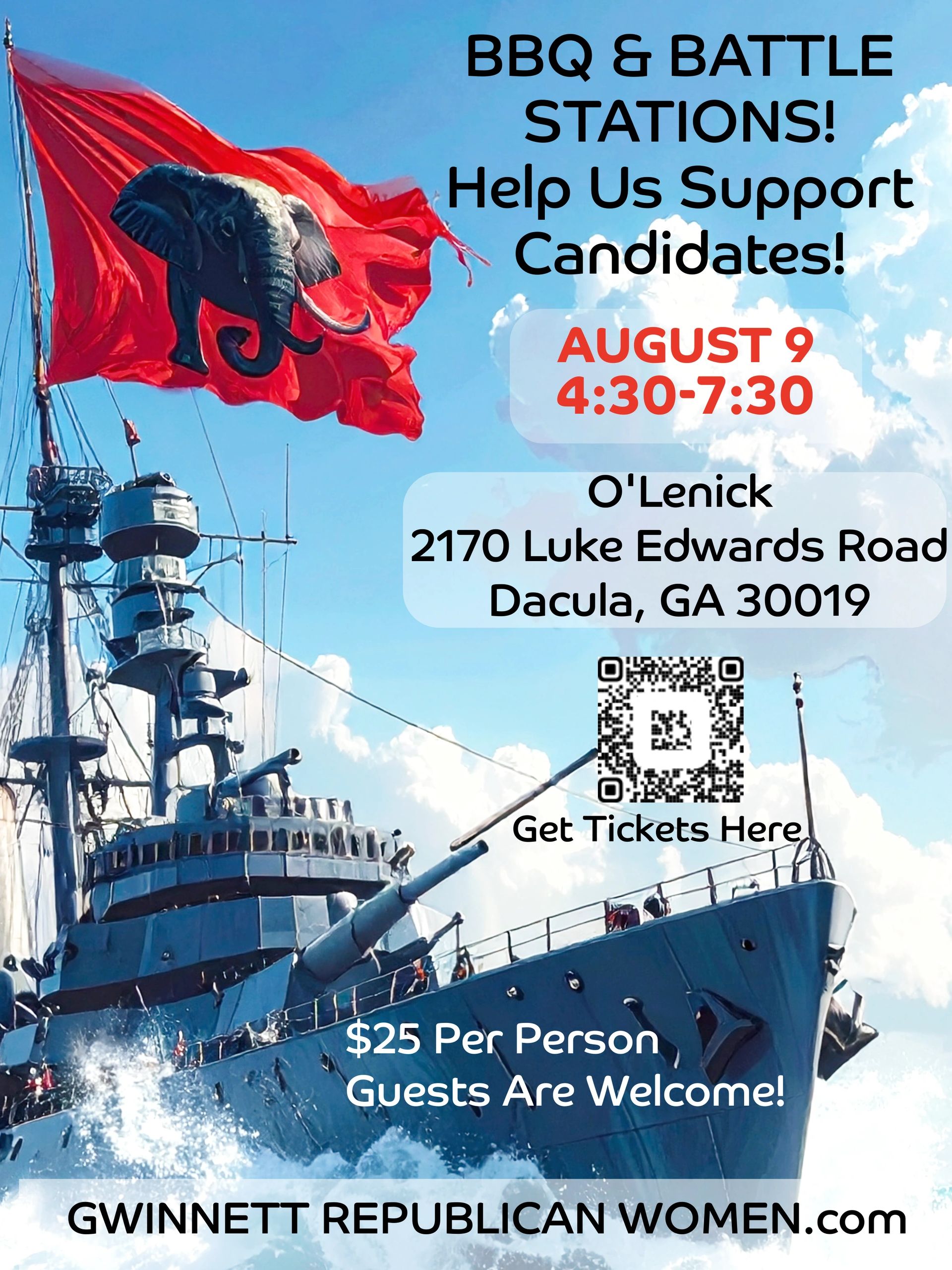 Event poster for BBQ & Battle Stations fundraiser supporting candidates on August 9 in Dacula, GA.