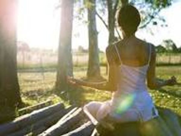 Person meditating outdoors in sunlight, surrounded by trees.