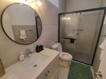 Modern bathroom with round mirror, glass shower, and green rug.