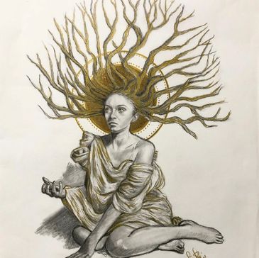 "Daphne," Graphite & Gold Ink on Paper. 2020. Private Collection of D. Witt, Woodlands, TX.