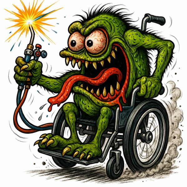 Wild green monster on a wheelchair with a blowtorch.