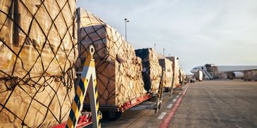 Cargo pallets, secured with netting, lined up on the tarmac near an aircraft.