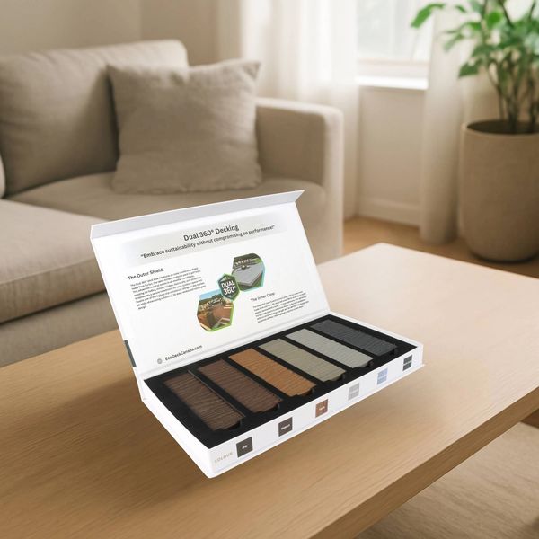 Dual 360 composite decking sample box with six colours for at-home comparison.