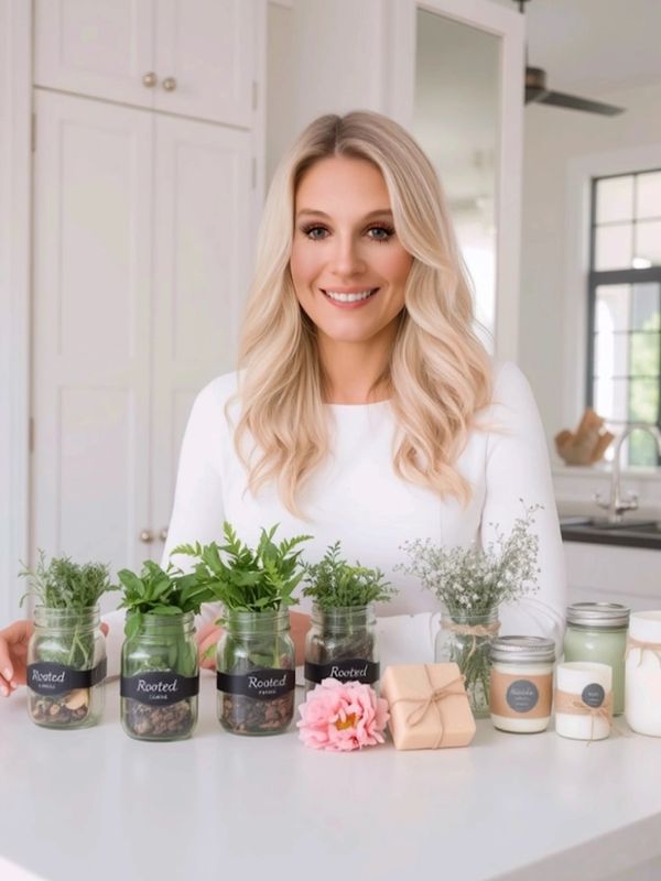 Smiling woman with jars of herbs and candles on a white kitchen counter.