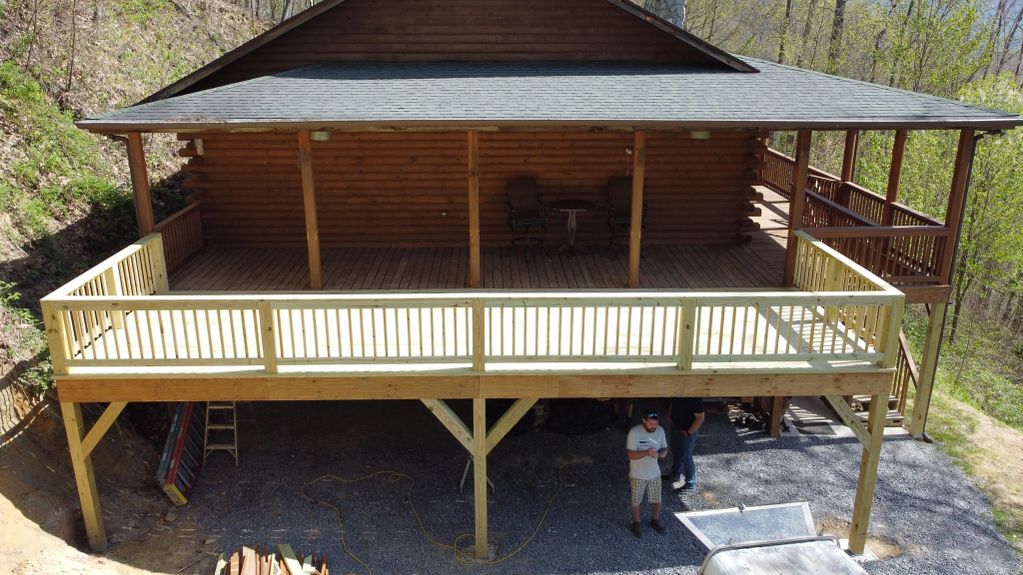 Deck addition over a garage in Maggie Valley, NC.