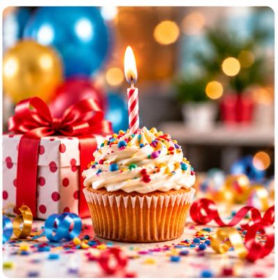 Birthday Rewards 365 marketing program featuring birthday cupcake, candle and gift