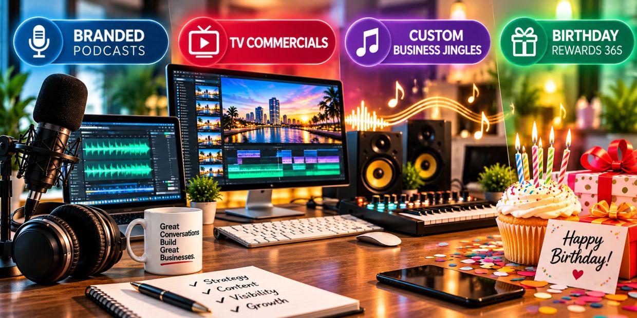 Podcast Plus Media marketing services featuring branded podcasts, TV commercials, custom business ji