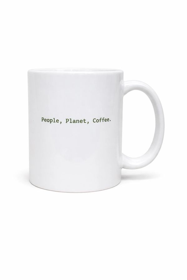 White coffee mug with text: People, Planet, Coffee.