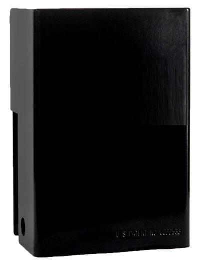 Black rectangular box with embossed text on front.