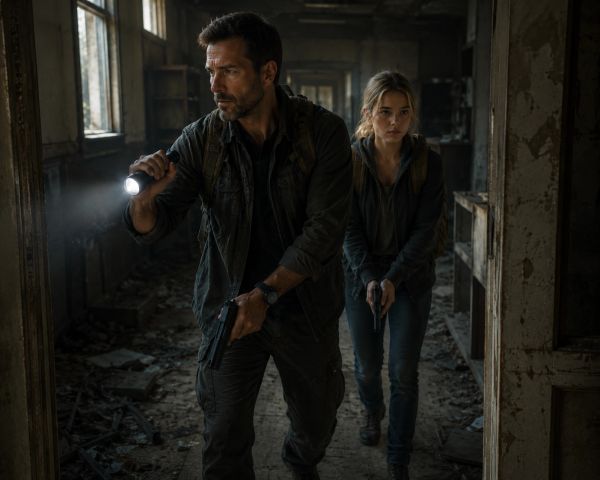 Alex and Larissa, cautiously exploring an abandoned building with guns and flashlight.