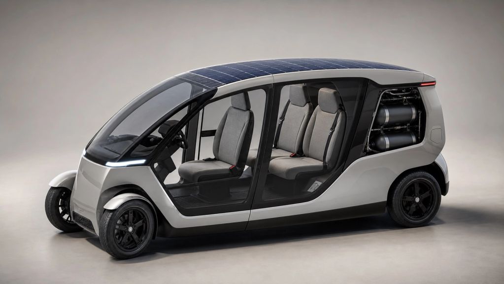 A futuristic electric car with solar panels and a transparent side showing internal components.