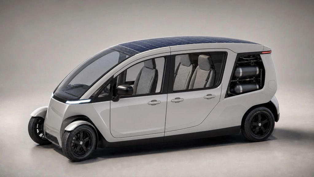A futuristic, eco-friendly car with solar panels on the roof and exposed rear components.