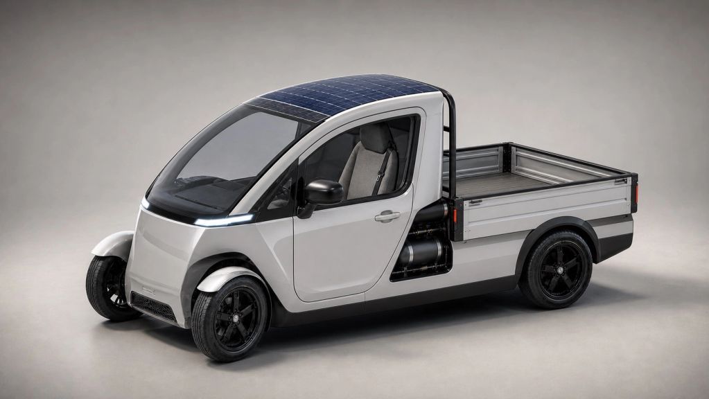 Compact electric pickup truck with solar panels on the roof.