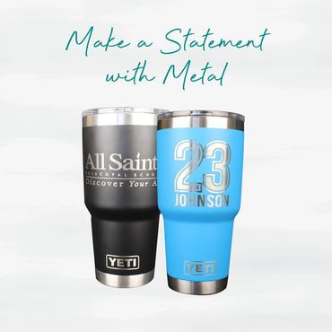 Customizable stainless steel mugs in various sizes and colors with personalized engravings.