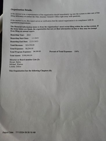 Financial report summary of an organization for the year 2023 with key figures and board members.
