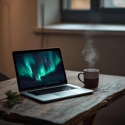 Laptop with aurora beside steaming mug. Scene reflects calm focus and Alaskan connection.