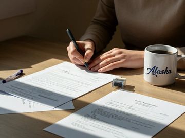 Notary preparing documents beside Alaska mug. Scene reflects focus, integrity, and local pride.
