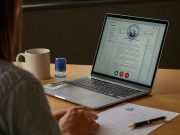 Notary reviewing documents with coffee beside laptop. Scene shows focus, calm, and modern service.