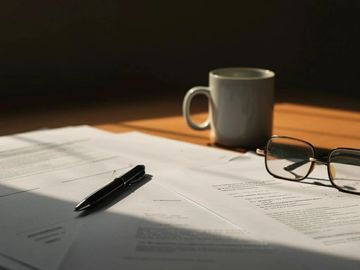 Pen and documents on desk beside coffee mug. Scene conveys focus, warmth, and quiet professionalism.