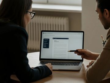 Notary guiding client through digital document. Scene shows clarity, trust, and professional care.