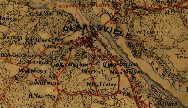 Detail of an 1864 Civil War Gilmer Map of Clarksville, Mecklenburg, VA.
