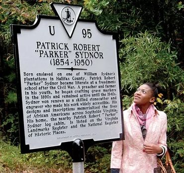 Ummu Irene Thomas, 4th great-granddaughter of Parker Sydnor, at the Virginia Historical Highway mark