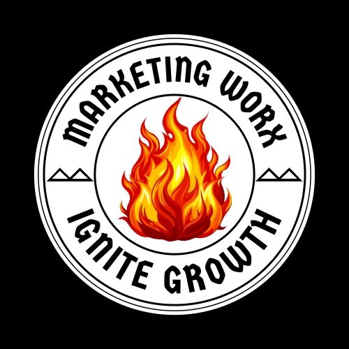 Logo with a fiery flame and the text 'Marketing Worx Ignite Growth'.