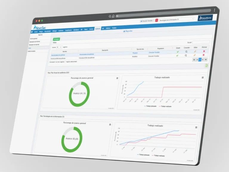Dashboard showing audit progress and work completion charts.