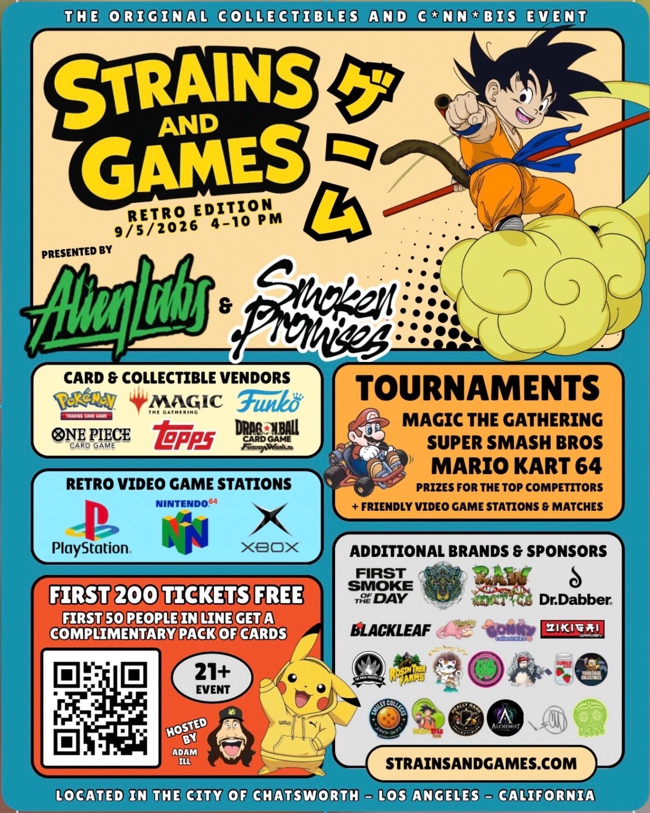 Strains and Games Retro Event on 9/5/2026 with card vendors, tournaments, and video game stations.