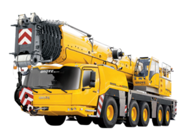 A digitally rendered image of a large, yellow mobile crane with multiple wheels