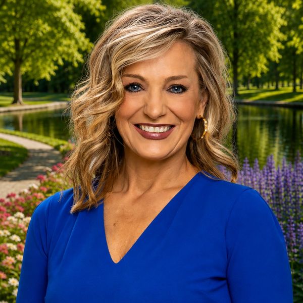 Smiling woman in a blue dress stands in a lush garden near a pond.