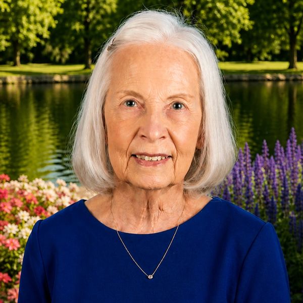 Portrait of an elderly woman with white hair in a blue dress outdoors.