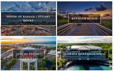 Collage of scenic Stuart, Florida landmarks including rocks, beach, water tower, and oceanographic center.