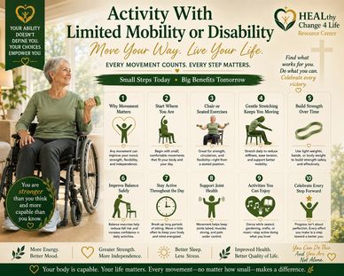 Infographic on activities for those with limited mobility to improve health and strength.
