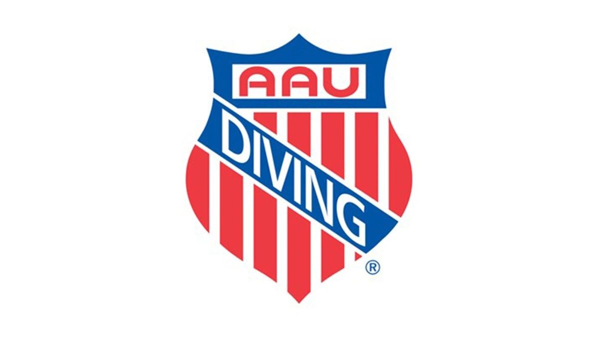 Logo of AAU Diving with red and blue shield design.