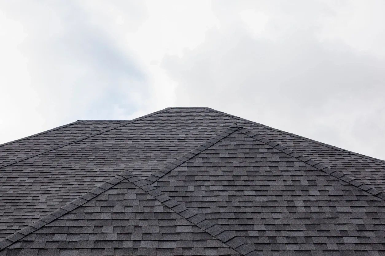 Close-up of a dark gray shingled roof under a cloudy sky.