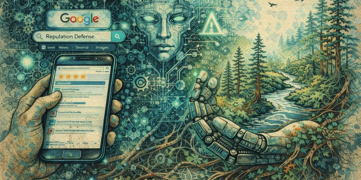 Surreal digital artwork blending nature, technology, and AI with a Google search on reputation defense.
